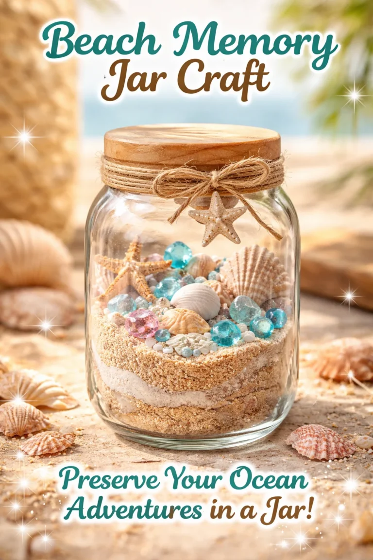 Crafted Beach Memory Jar filled with sand, shells, and memories from seaside adventures.