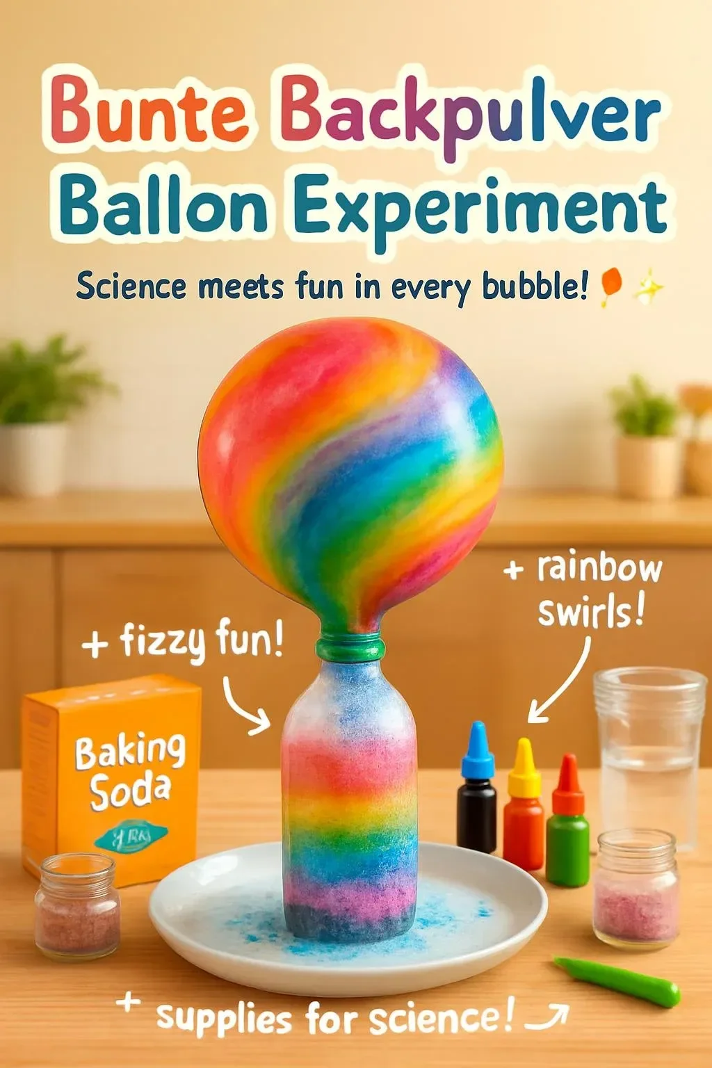 Bunte Backpulver Ballon Experiment mit Farben und Vulkanausbruch.