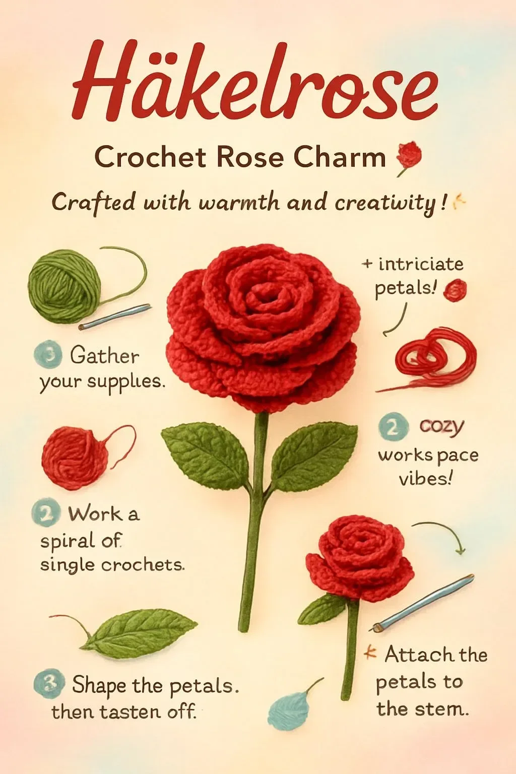 A vibrant handmade crochet rose showcasing intricate needlework techniques.