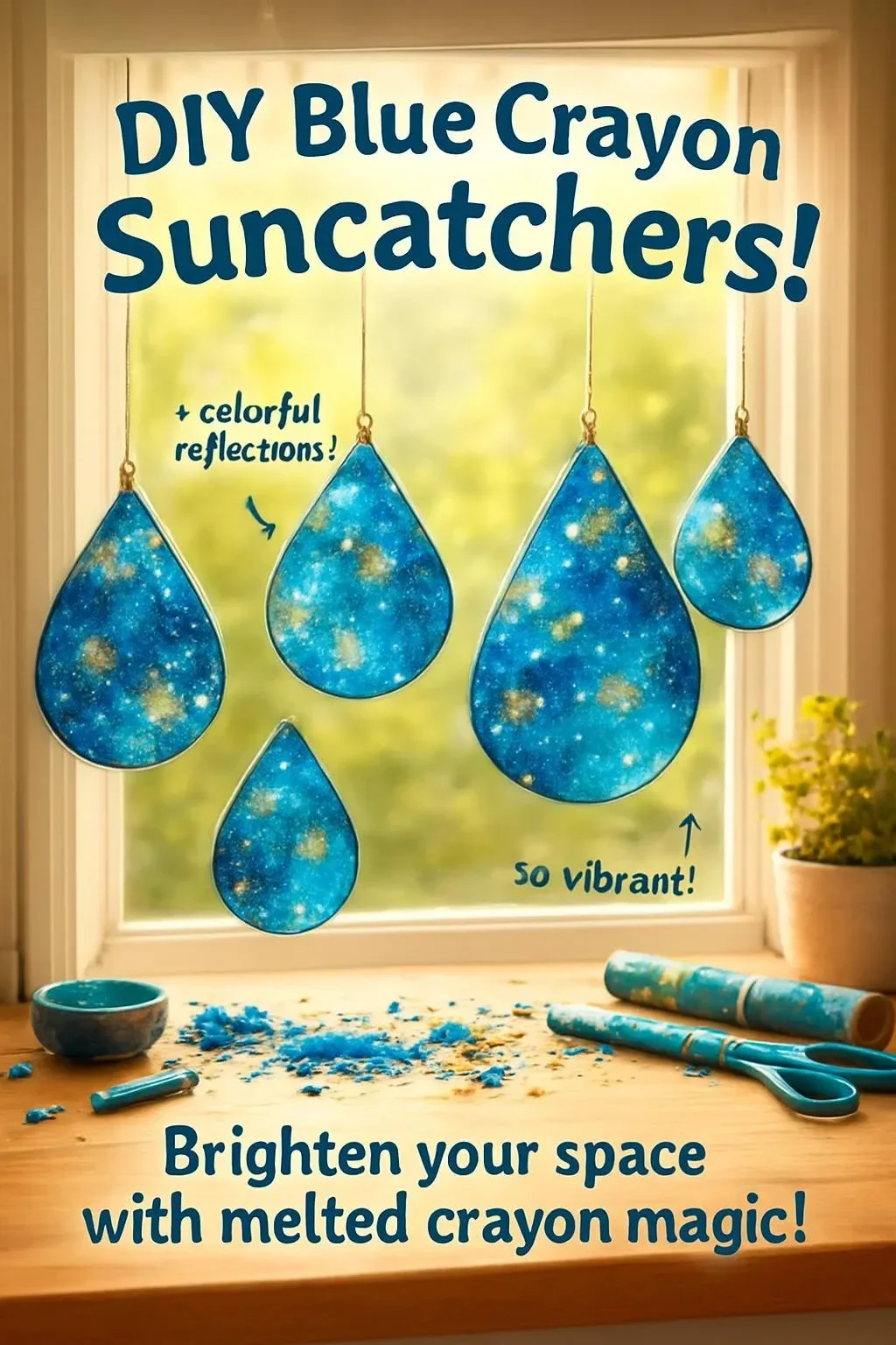 DIY blaue Wachsmalstift-Sonnenfänger für bunte Fensterdekoration