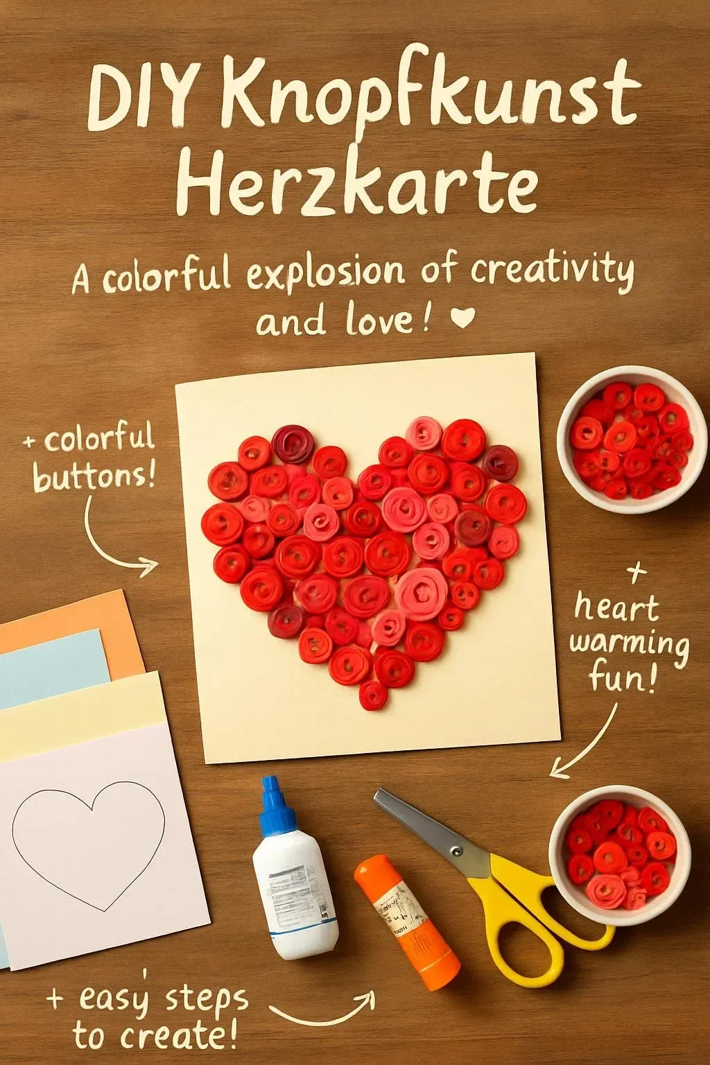 DIY button art heart card made with colorful buttons and craft materials.