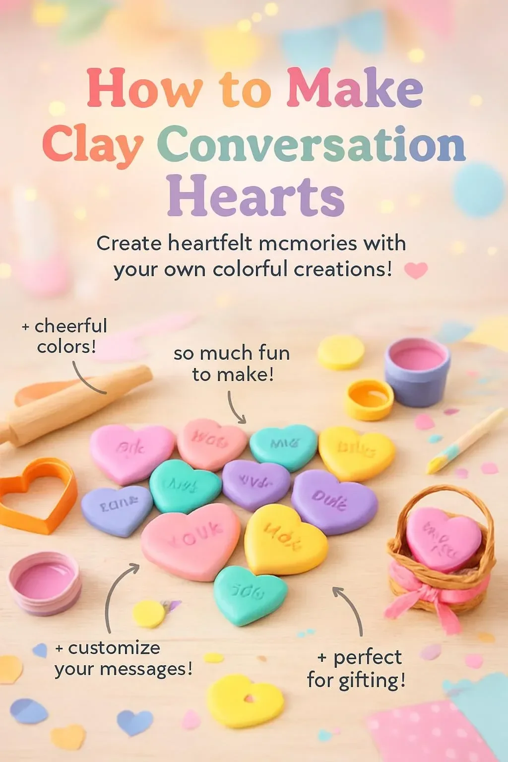 Colorful DIY clay conversation hearts for Valentine's Day