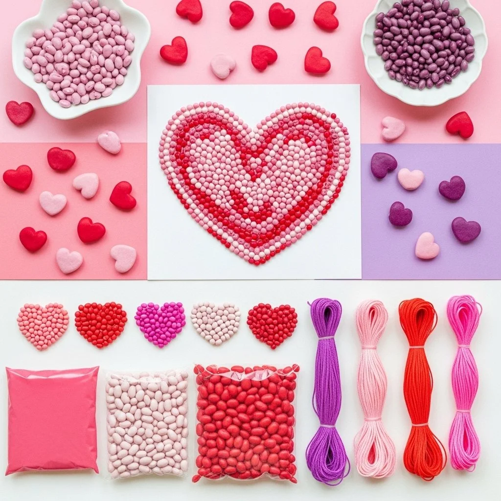 DIY Valentinstags-Bohnenkunstwerk mit bunten Bohnen und Herzmotiven