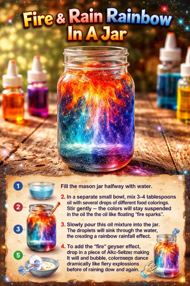 Colorful rainbow layered in a jar inspired by Fire & Rain design.
