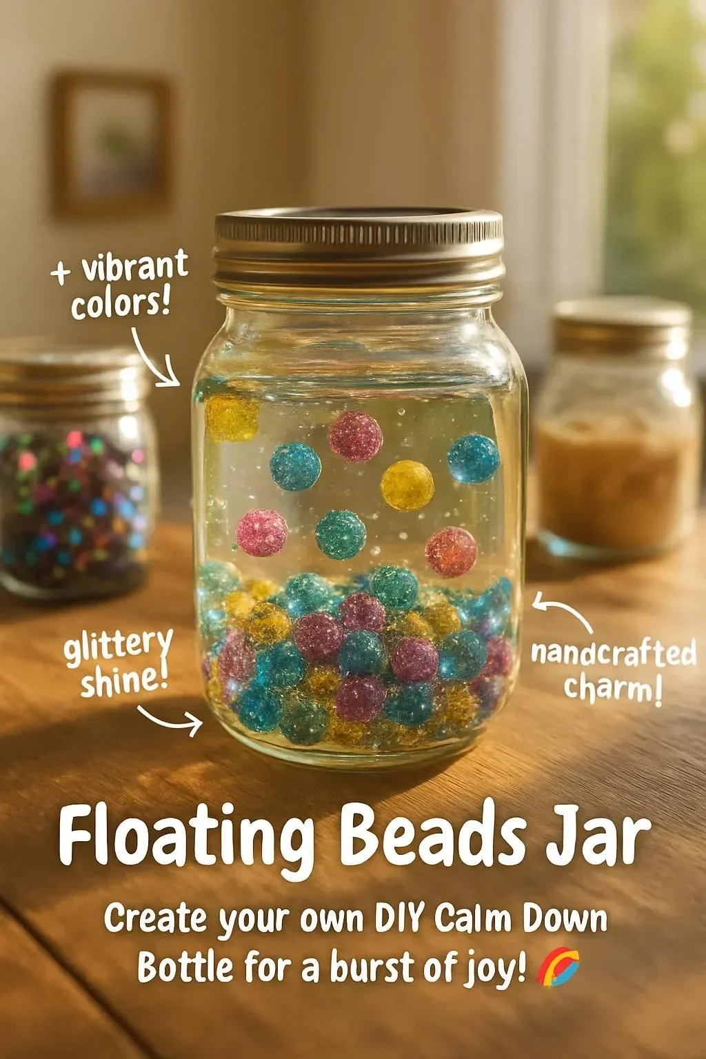 Colorful floating beads in a jar for crafting and decoration