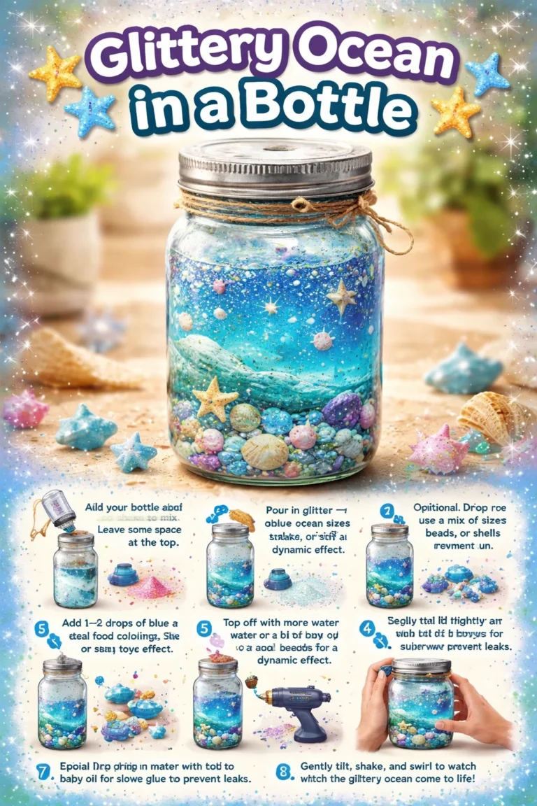 A glittery ocean in a bottle decoration showcasing shimmering blue and green hues.