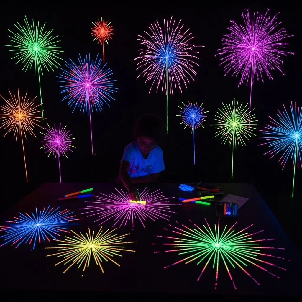 Colorful glow-in-the-dark fireworks illuminating the night sky.