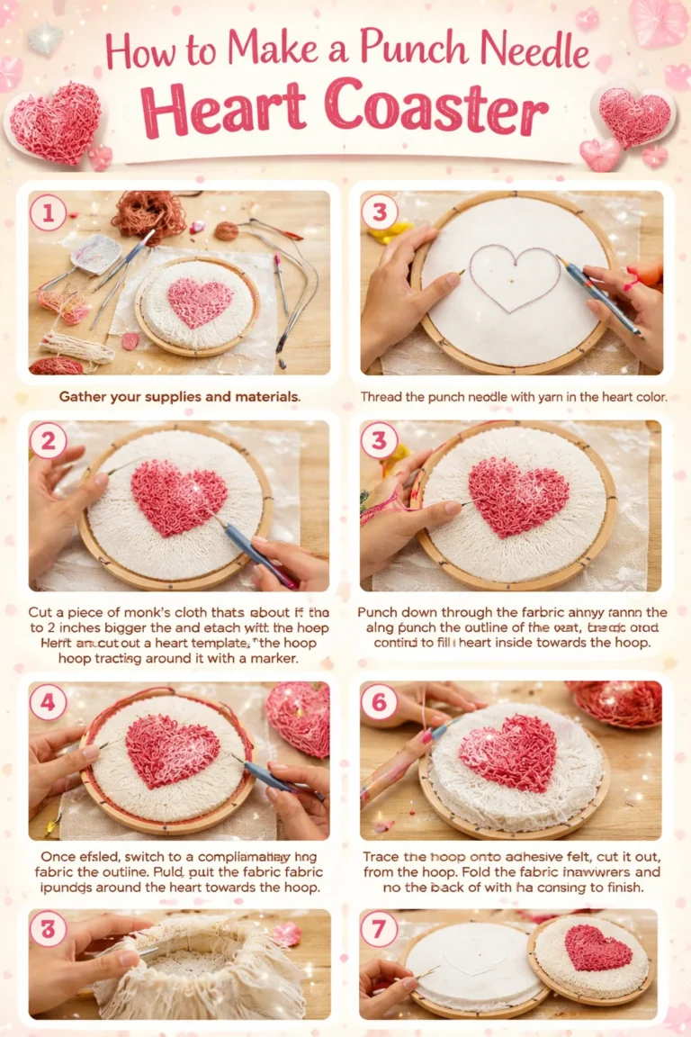 Punch needle heart coaster handmade with colorful yarn and unique design