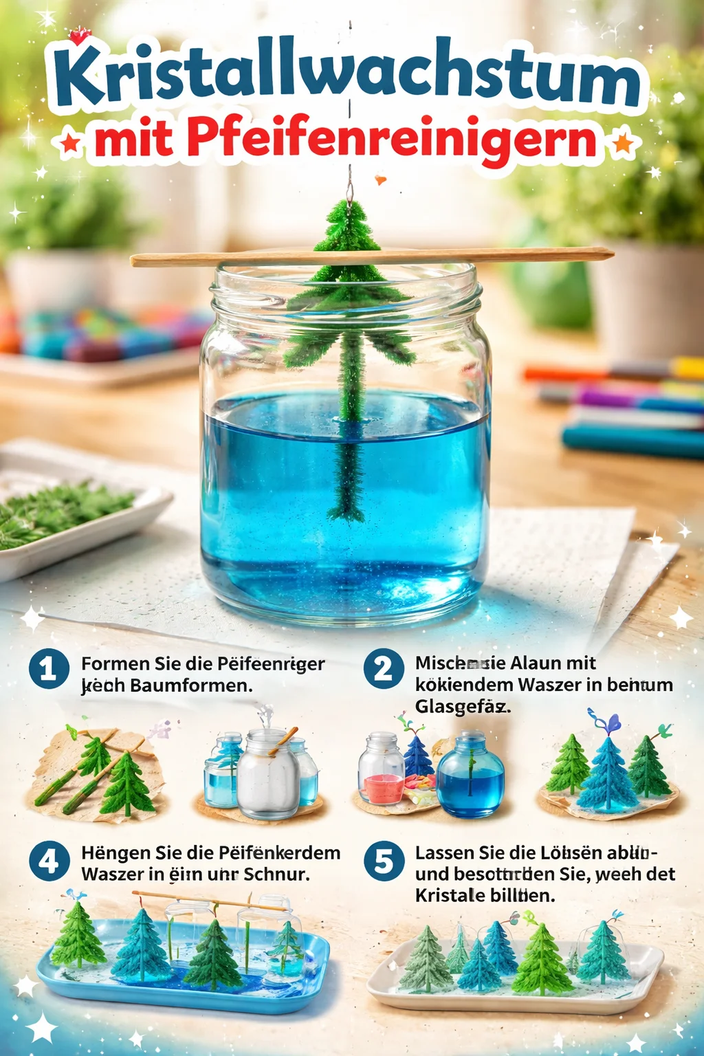 Kristallwachstum mit Pfeifenreinigern - kreative Experimente für faszinierende Ergebnisse.