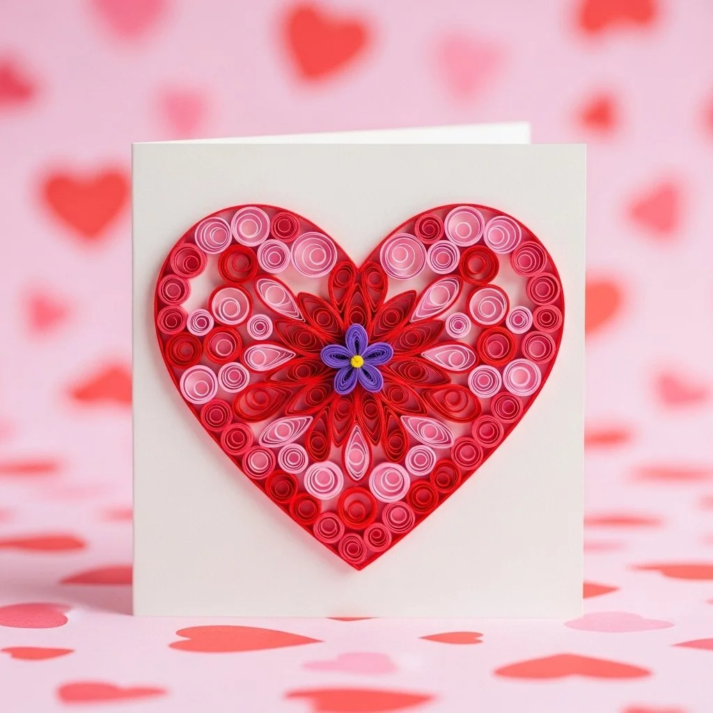 Papier-Quilling-Herzkarte in bunten Farben gestaltet