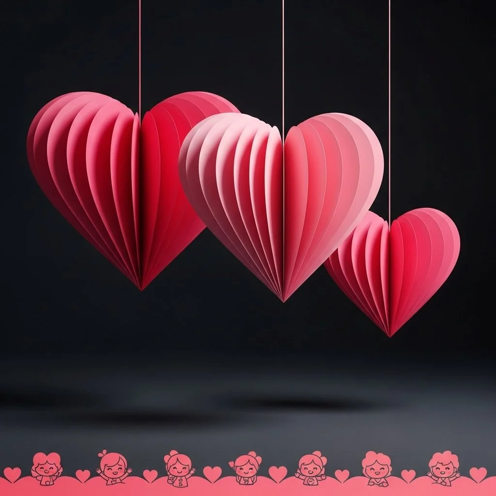 Bunte Papierstreifenherzen in verschiedenen Größen für kreative Bastelprojekte.