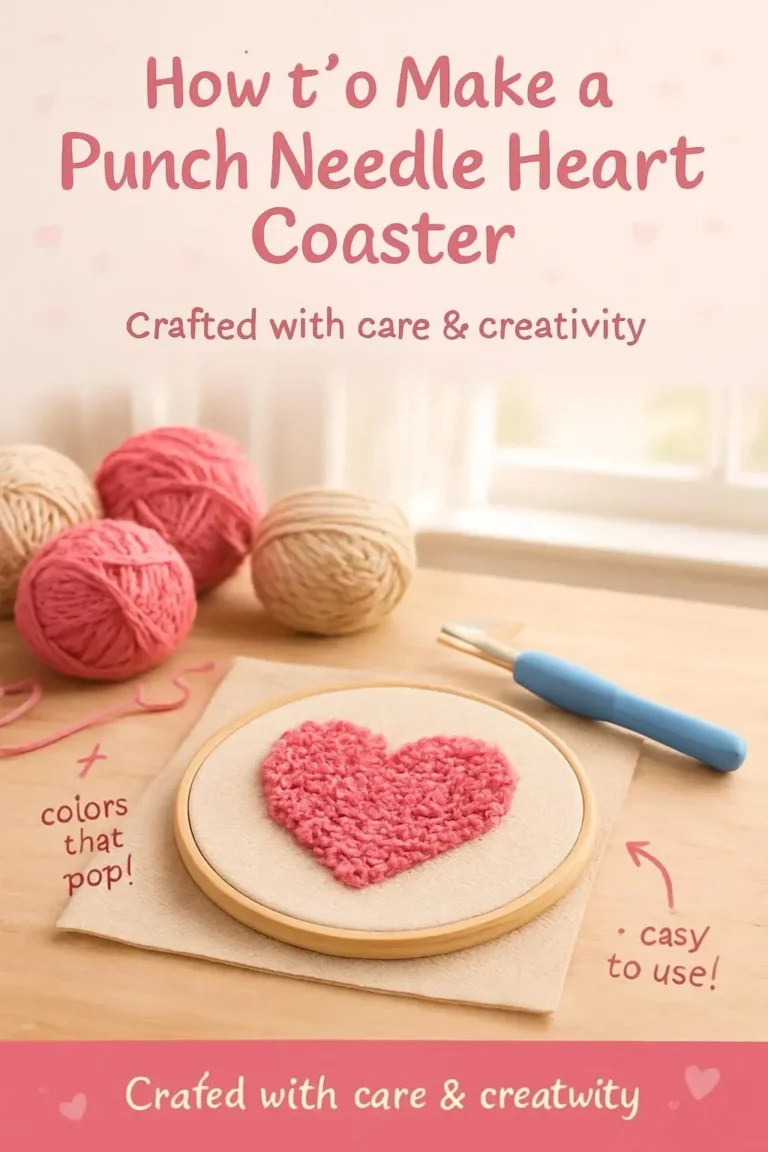 Punch needle heart coaster design, colorful handcrafted home decor