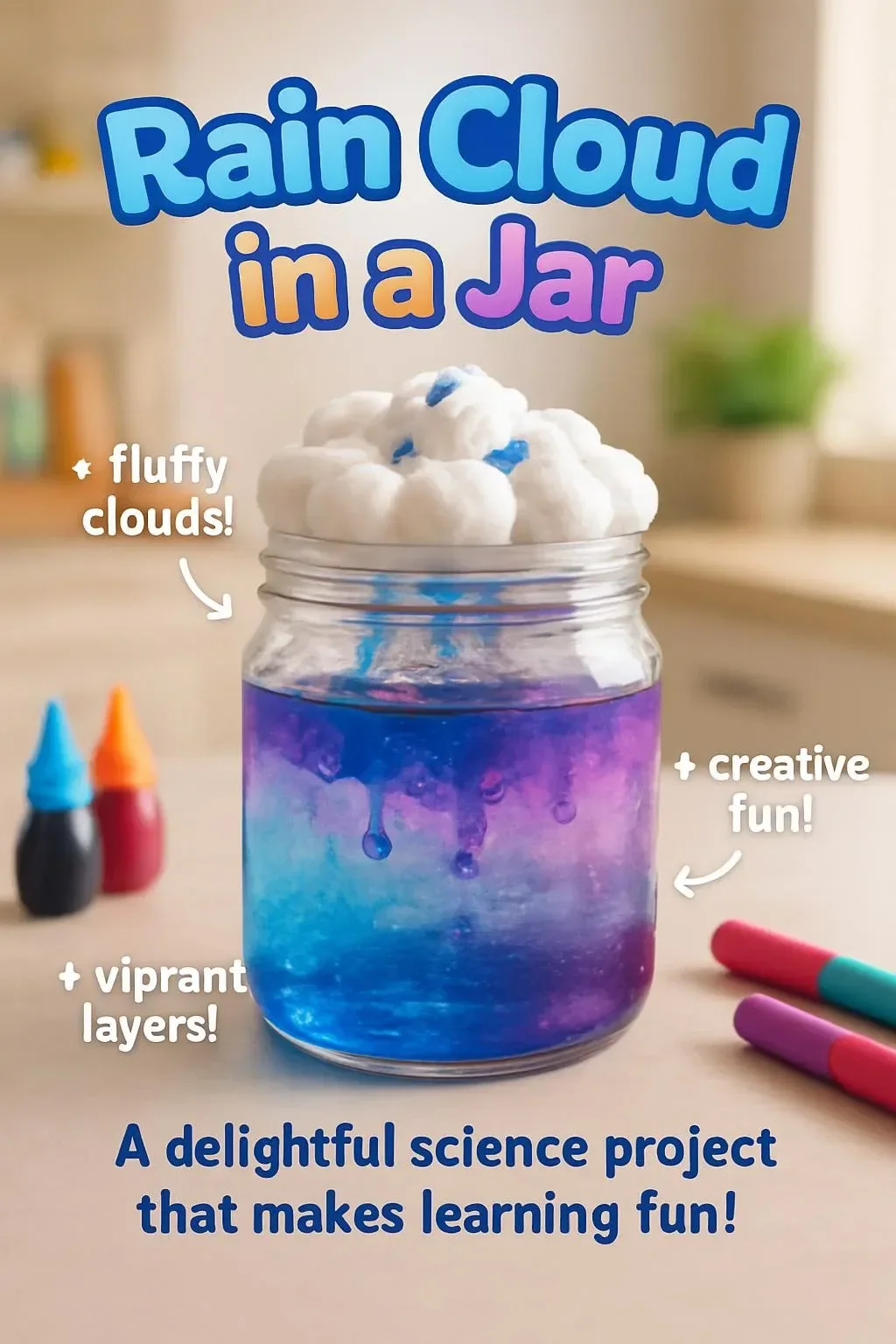 A DIY project showcasing a rain cloud in a glass filled with water and cotton.
