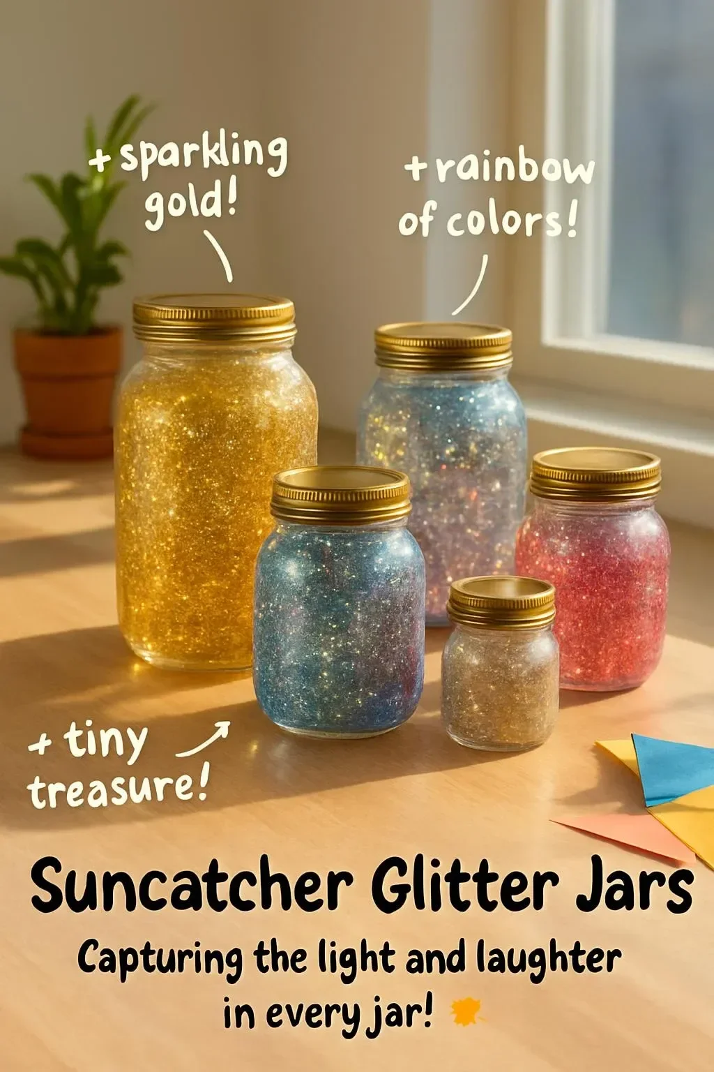 Colorful suncatcher glitter jars shining in natural light