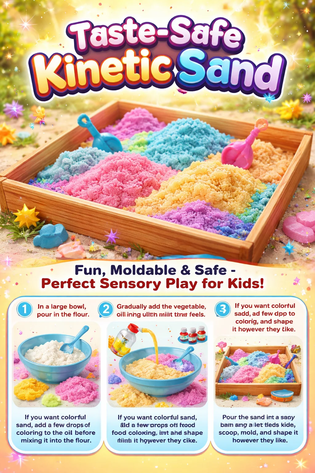 Taste-safe kinetic sand for fun and safe sensory play for children.