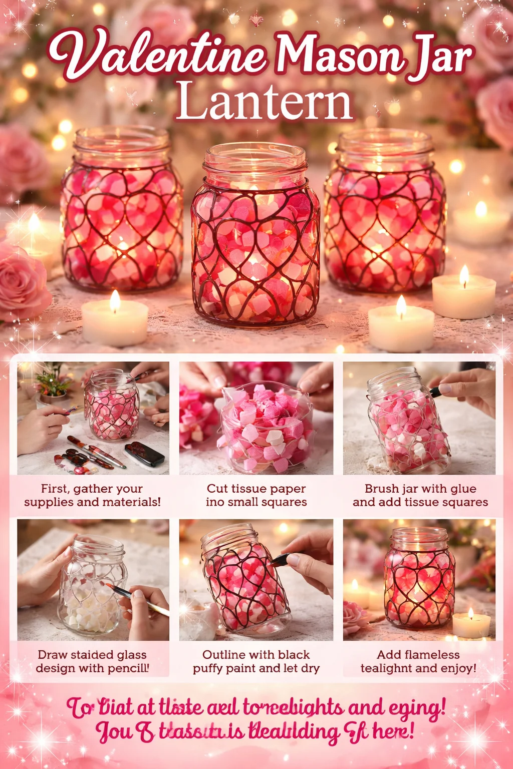DIY Valentine Mason Jar Lantern glowing with warm light and decorative elements.