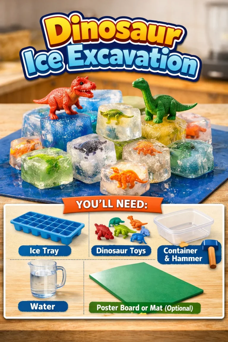 Children enjoying the Dinosaur Ice Excavation activity with dinosaur figures in ice.