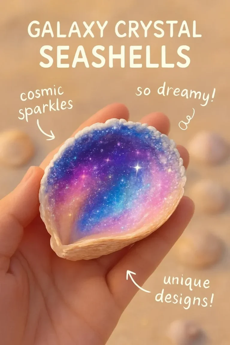 Ein Set von Galaxie-Kristallmuscheln, die in lebhaften Farben funkeln und schimmern.