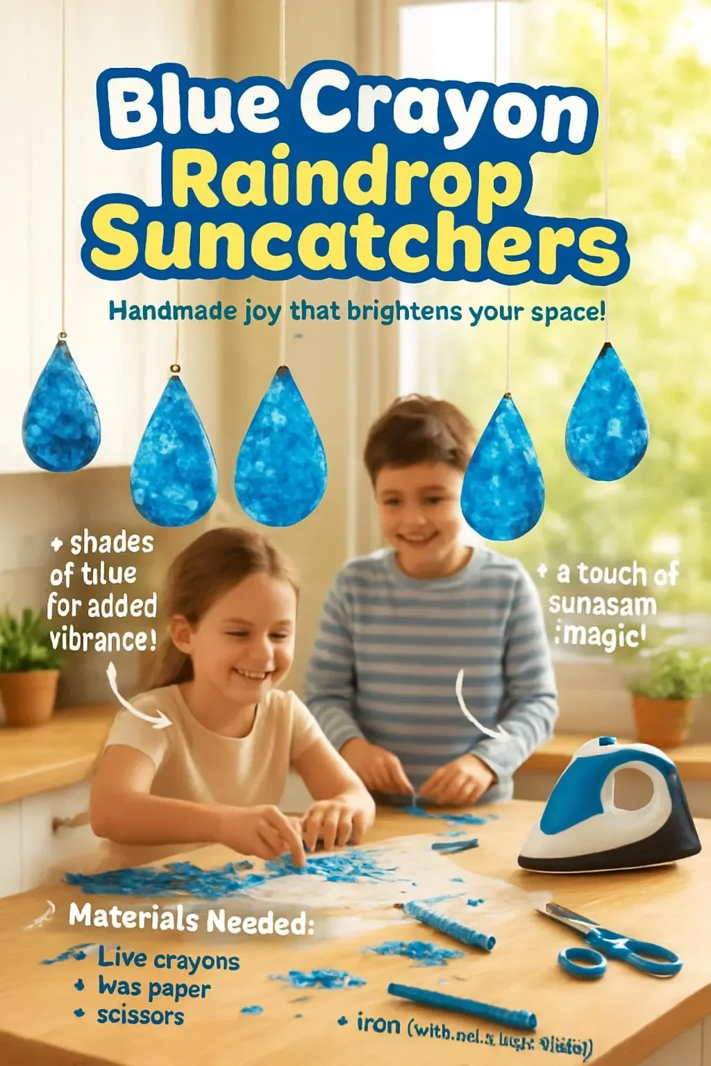 Wunderschöne Sonnenfänger mit blauen Farbstiften und kreativen Regentropfenformen