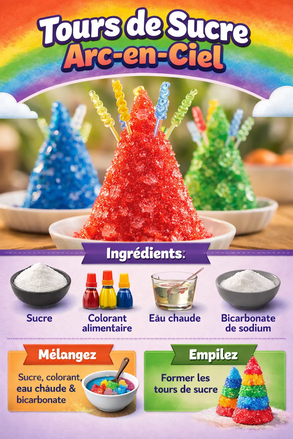Tours de Sucre Arc-en-Ciel dans une présentation colorée et appétissante.