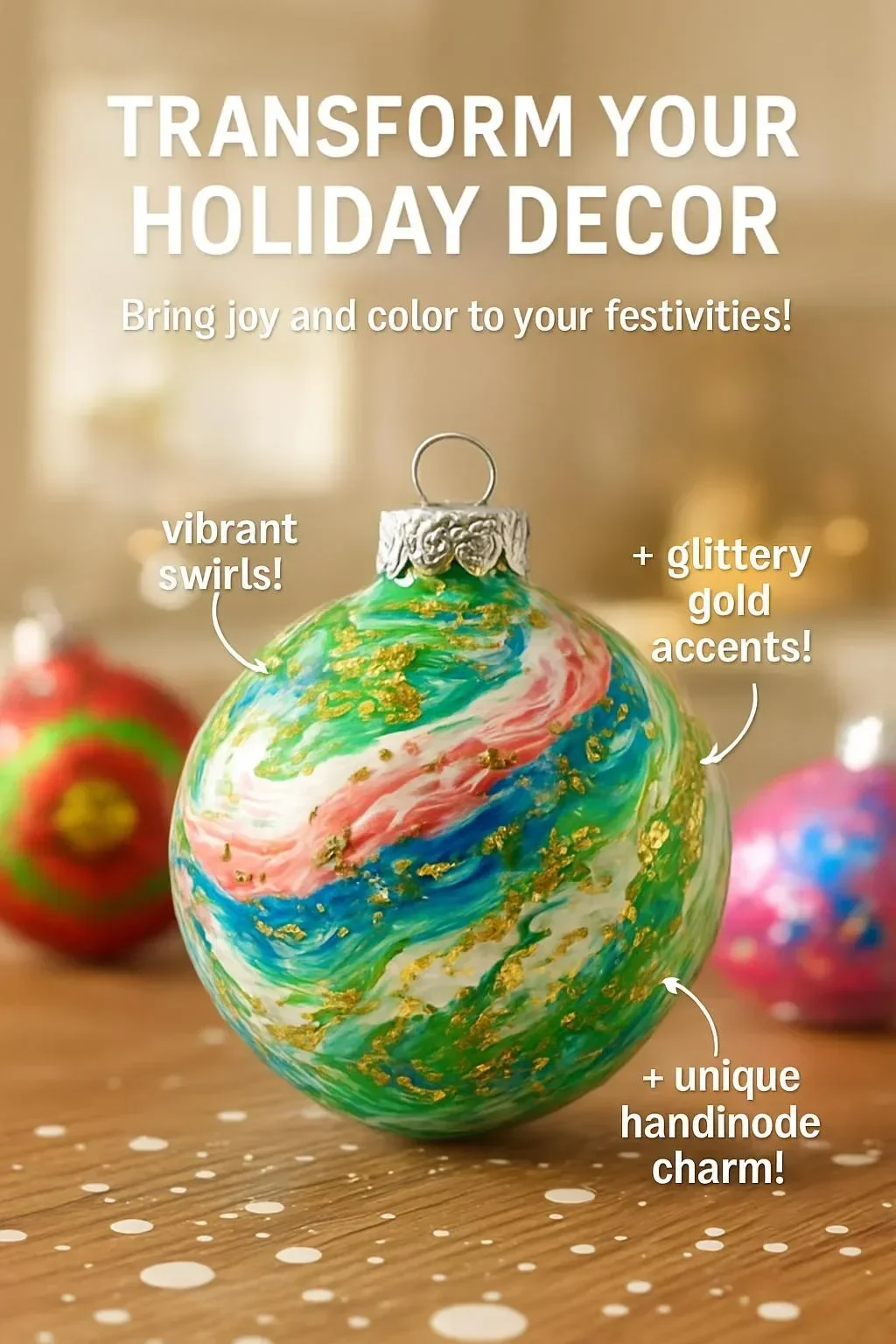 Farbenfrohe marmorierte Ornamenten für festliche Dekorationen.