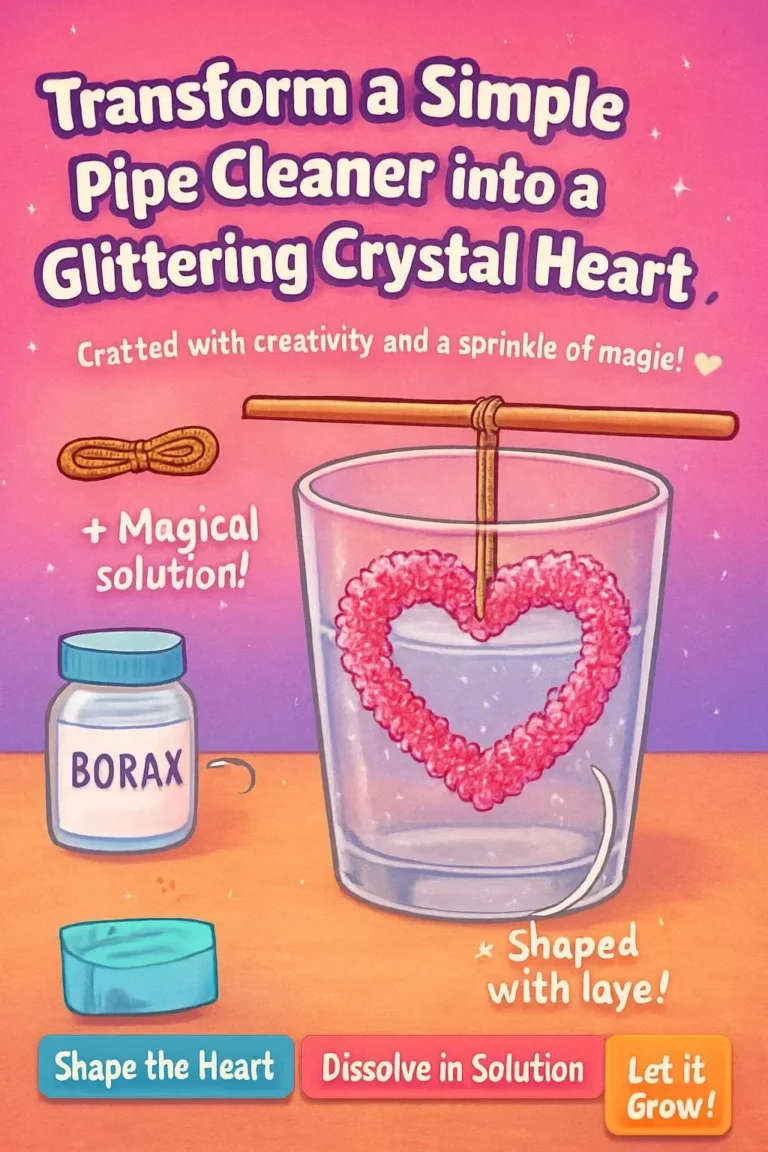 Selbstgemachtes Kristallherz aus Pfeifenreiniger in funkelnden Farben.