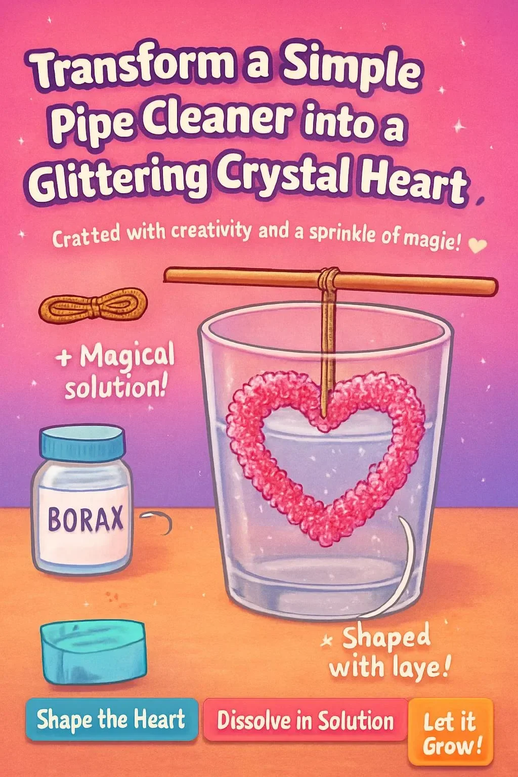 Selbstgemachtes Kristallherz aus Pfeifenreiniger in funkelnden Farben.