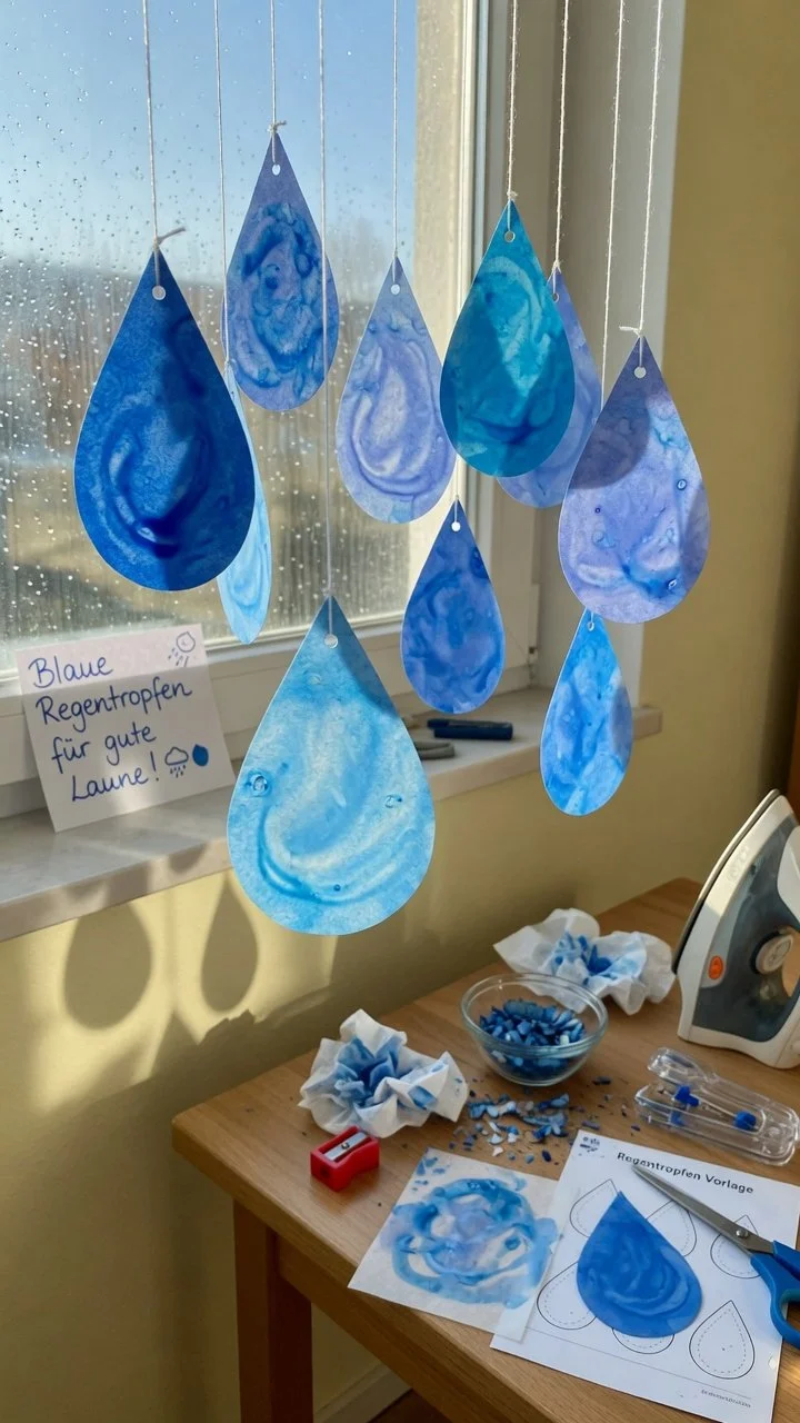 Blaues Wachspapier mit Regentropfen-Design für kreative Anwendungen.
