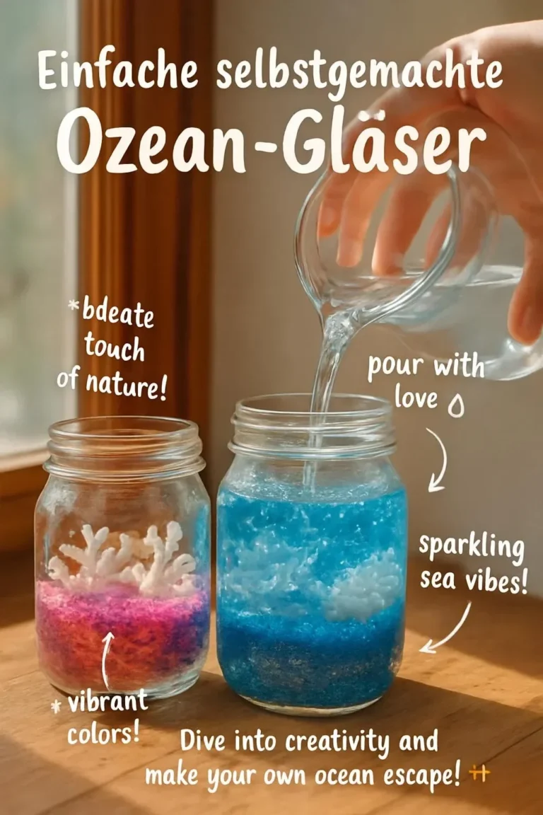 Selbstgemachte Ozean-Gläser mit Sand und Muscheln dekoriert