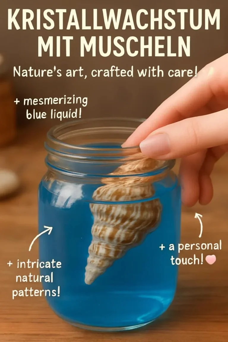 Kristallwachstum mit Muscheln in einer farbenfrohen Präsentation.