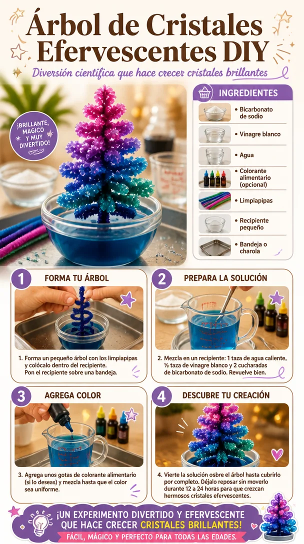 DIY-Anleitung für sprudelnde Kristallbäume aus Kristallen und bunten Materialien.
